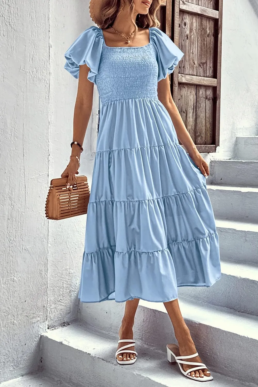 PRETTYGARDEN Women's 2025 Summer Casual Midi Dress Puffy Short Sleeve Square Neck Smocked Tiered Ruffle Dresses