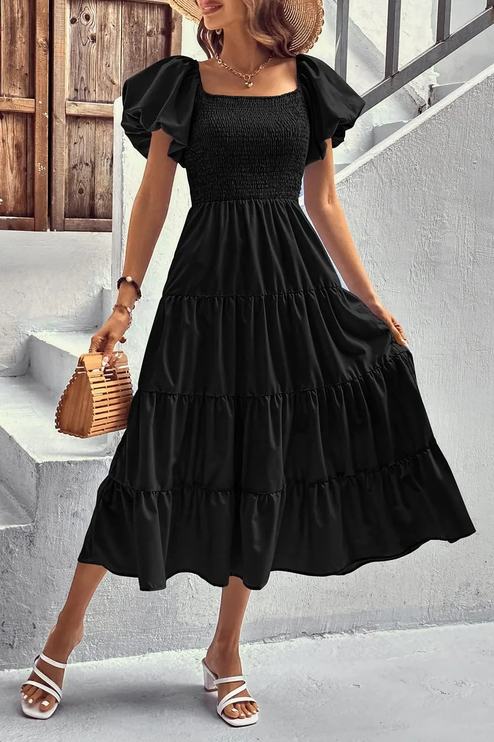 PRETTYGARDEN Women's 2025 Summer Casual Midi Dress Puffy Short Sleeve Square Neck Smocked Tiered Ruffle Dresses
