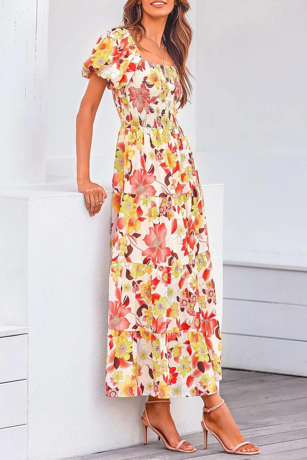 PRETTYGARDEN Women's 2025 Summer Casual Midi Dress Puffy Short Sleeve Square Neck Smocked Tiered Ruffle Dresses