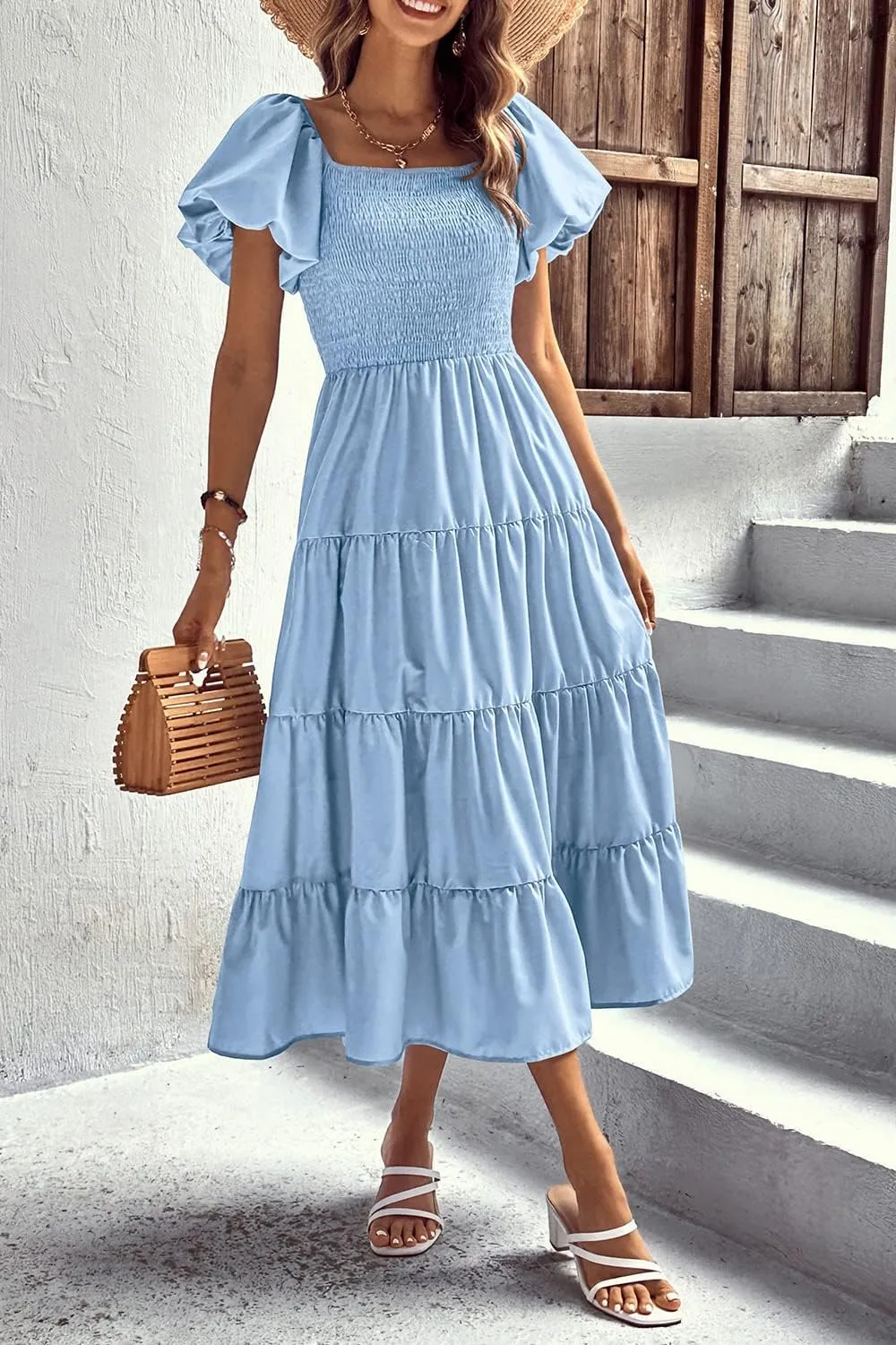 PRETTYGARDEN Women's 2025 Summer Casual Midi Dress Puffy Short Sleeve Square Neck Smocked Tiered Ruffle Dresses