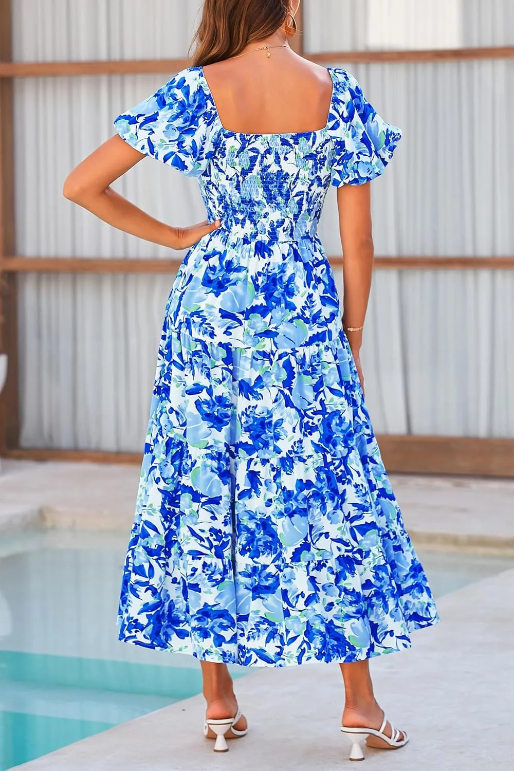 PRETTYGARDEN Women's 2025 Summer Casual Midi Dress Puffy Short Sleeve Square Neck Smocked Tiered Ruffle Dresses