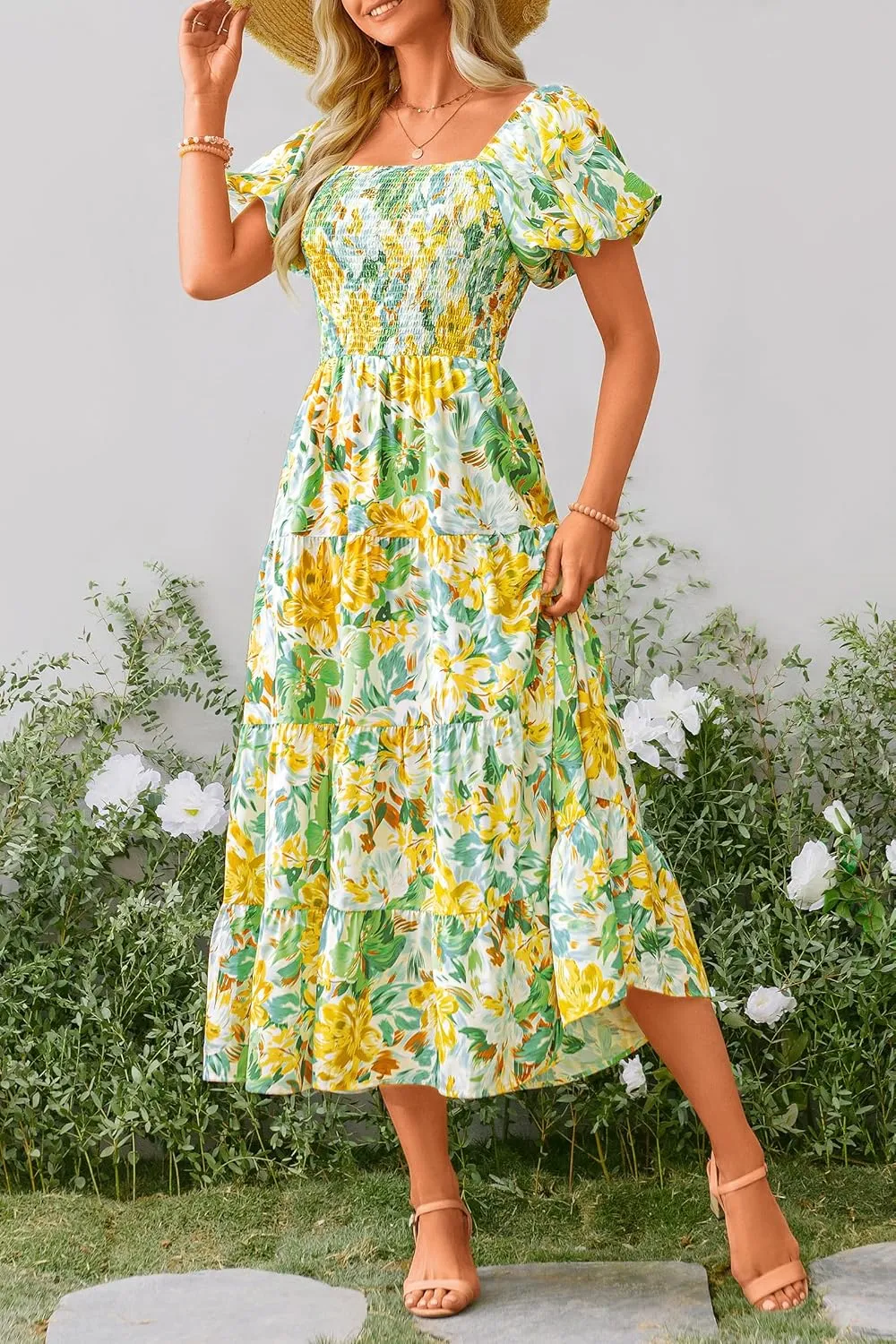 PRETTYGARDEN Women's 2025 Summer Casual Midi Dress Puffy Short Sleeve Square Neck Smocked Tiered Ruffle Dresses
