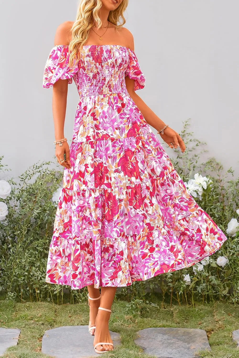 PRETTYGARDEN Women's 2025 Summer Casual Midi Dress Puffy Short Sleeve Square Neck Smocked Tiered Ruffle Dresses