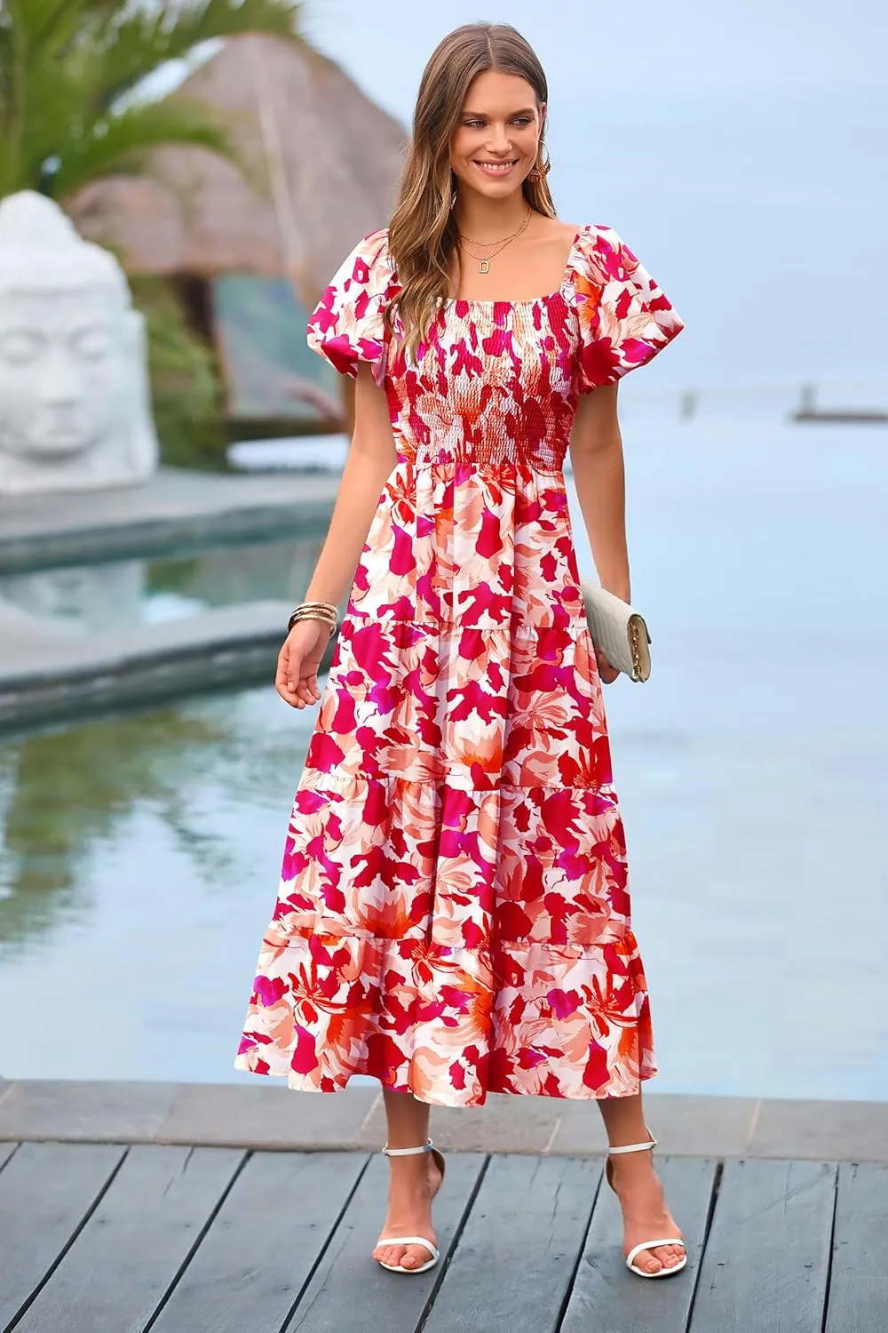 PRETTYGARDEN Women's 2025 Summer Casual Midi Dress Puffy Short Sleeve Square Neck Smocked Tiered Ruffle Dresses