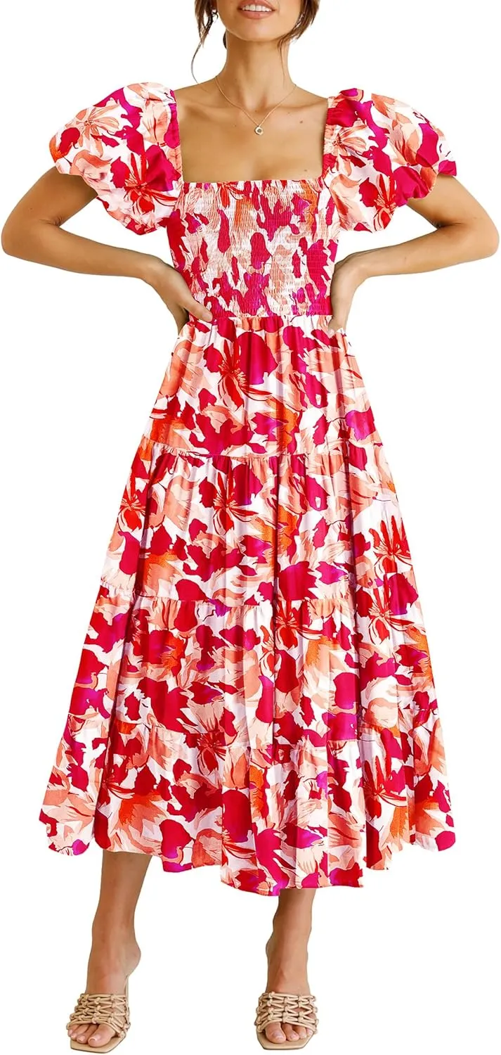 PRETTYGARDEN Women's 2025 Summer Casual Midi Dress Puffy Short Sleeve Square Neck Smocked Tiered Ruffle Dresses