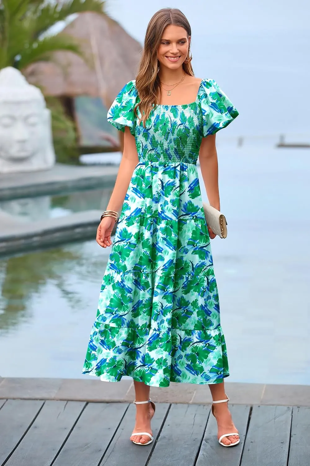 PRETTYGARDEN Women's 2025 Summer Casual Midi Dress Puffy Short Sleeve Square Neck Smocked Tiered Ruffle Dresses