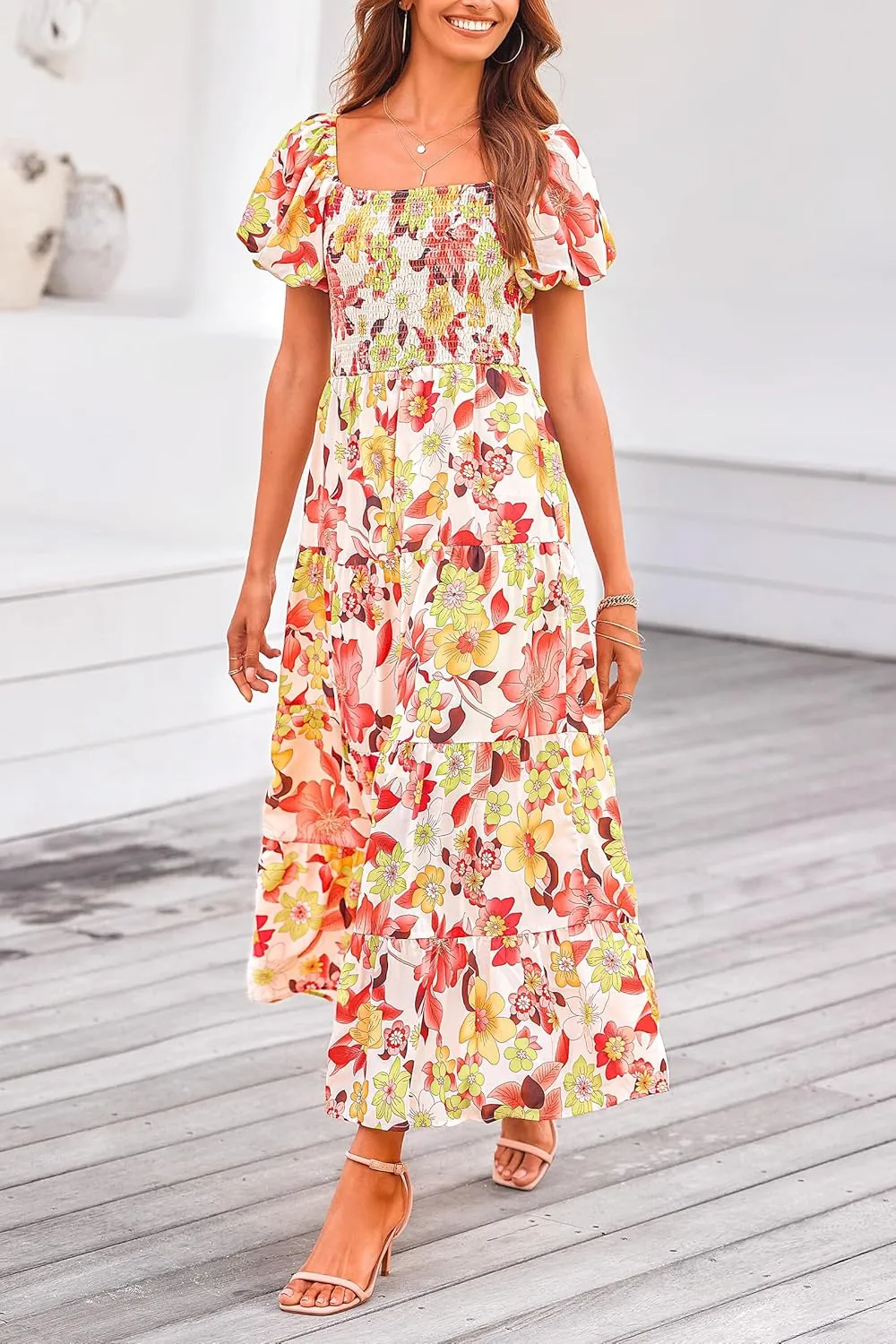 PRETTYGARDEN Women's 2025 Summer Casual Midi Dress Puffy Short Sleeve Square Neck Smocked Tiered Ruffle Dresses