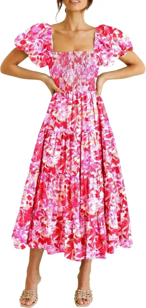 PRETTYGARDEN Women's 2025 Summer Casual Midi Dress Puffy Short Sleeve Square Neck Smocked Tiered Ruffle Dresses