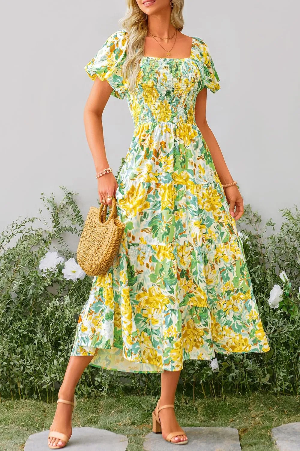 PRETTYGARDEN Women's 2025 Summer Casual Midi Dress Puffy Short Sleeve Square Neck Smocked Tiered Ruffle Dresses
