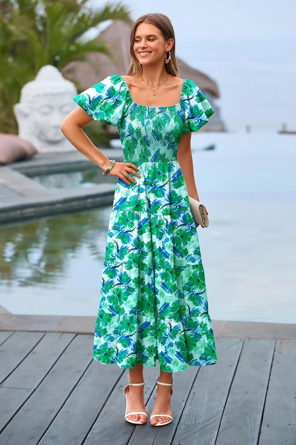 PRETTYGARDEN Women's 2025 Summer Casual Midi Dress Puffy Short Sleeve Square Neck Smocked Tiered Ruffle Dresses