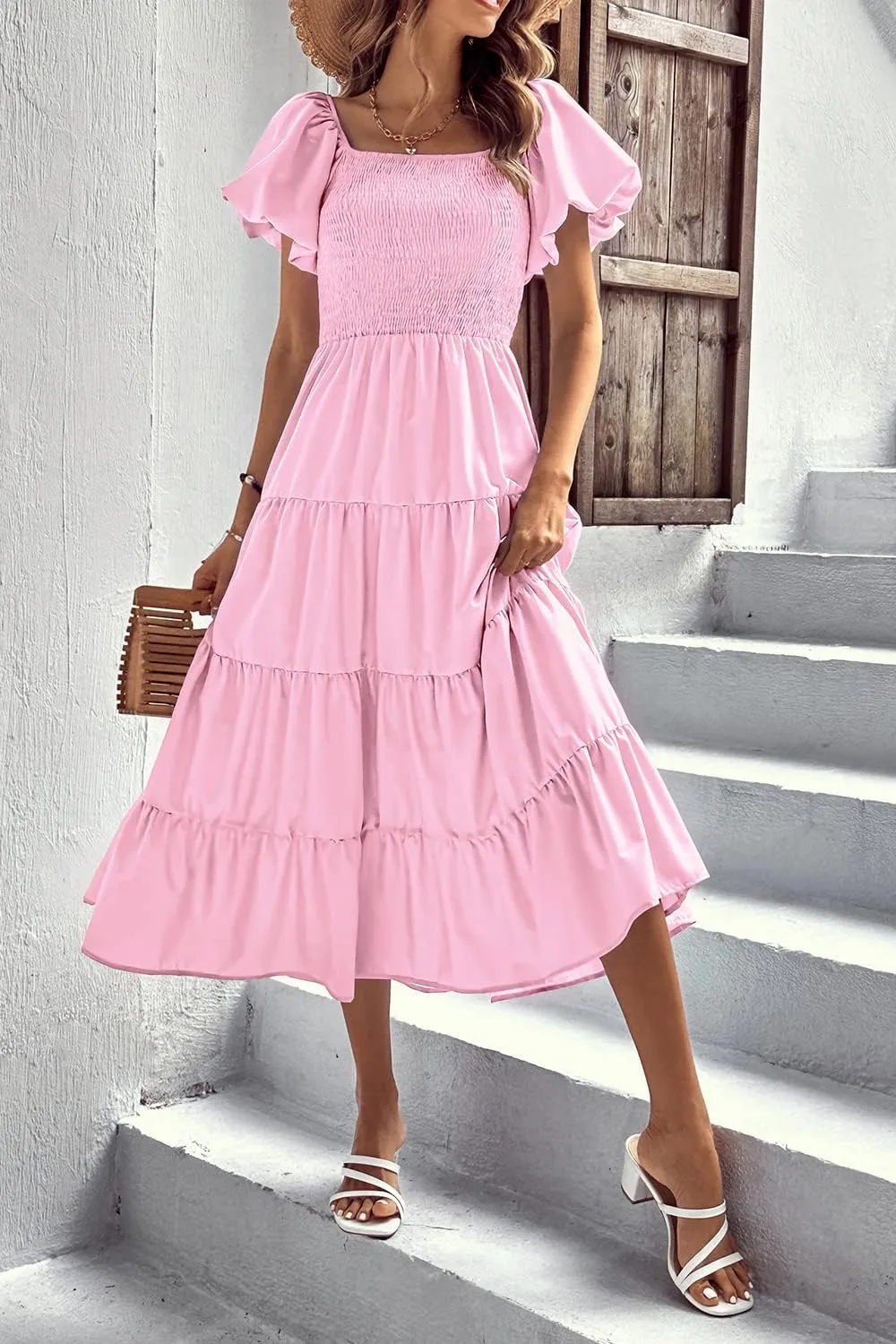 PRETTYGARDEN Women's 2025 Summer Casual Midi Dress Puffy Short Sleeve Square Neck Smocked Tiered Ruffle Dresses
