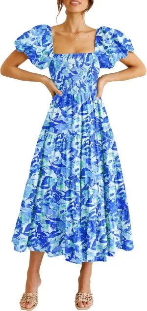 PRETTYGARDEN Women's 2025 Summer Casual Midi Dress Puffy Short Sleeve Square Neck Smocked Tiered Ruffle Dresses