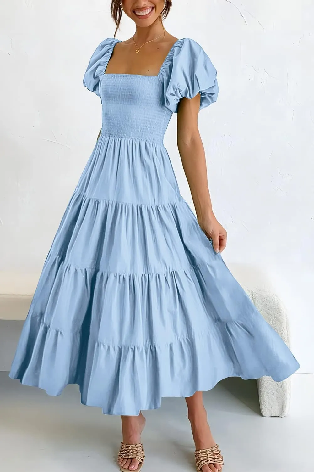 PRETTYGARDEN Women's 2025 Summer Casual Midi Dress Puffy Short Sleeve Square Neck Smocked Tiered Ruffle Dresses