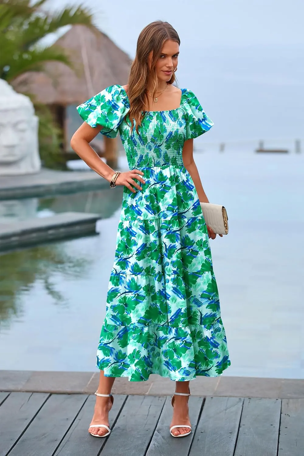 PRETTYGARDEN Women's 2025 Summer Casual Midi Dress Puffy Short Sleeve Square Neck Smocked Tiered Ruffle Dresses