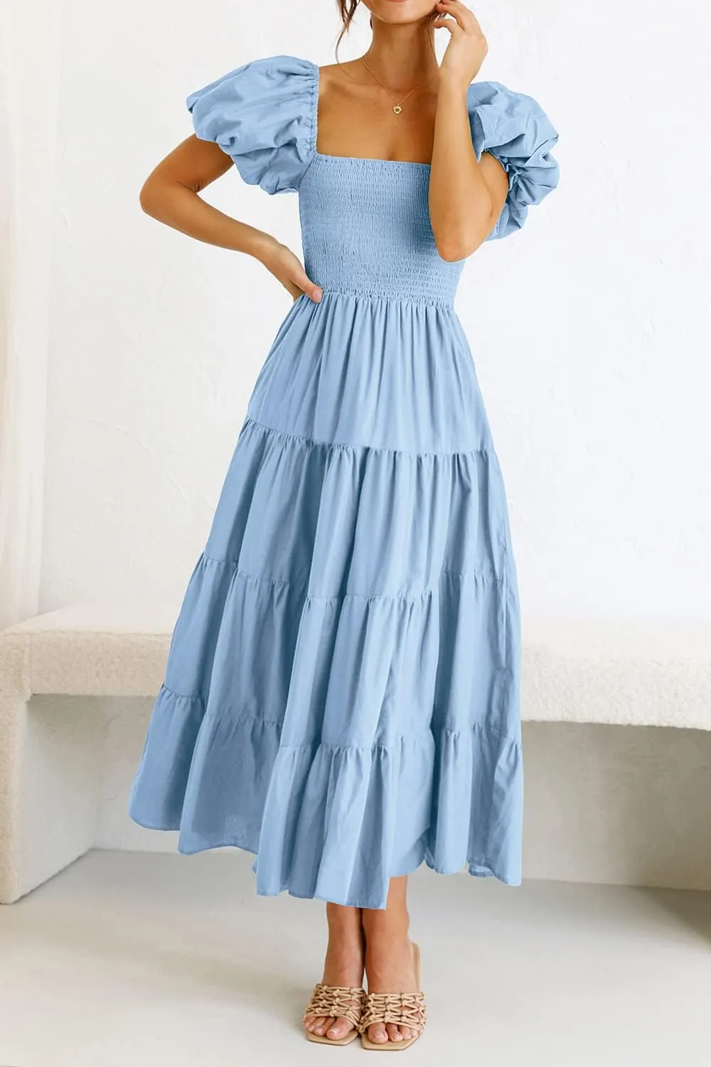 PRETTYGARDEN Women's 2025 Summer Casual Midi Dress Puffy Short Sleeve Square Neck Smocked Tiered Ruffle Dresses