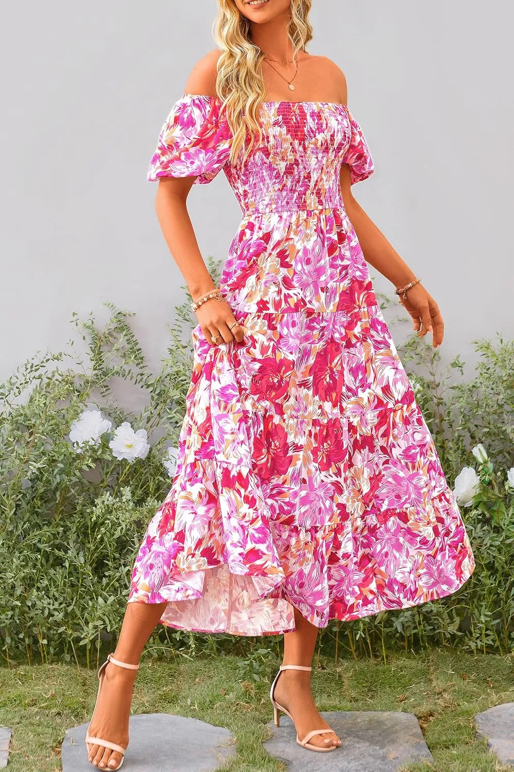 PRETTYGARDEN Women's 2025 Summer Casual Midi Dress Puffy Short Sleeve Square Neck Smocked Tiered Ruffle Dresses
