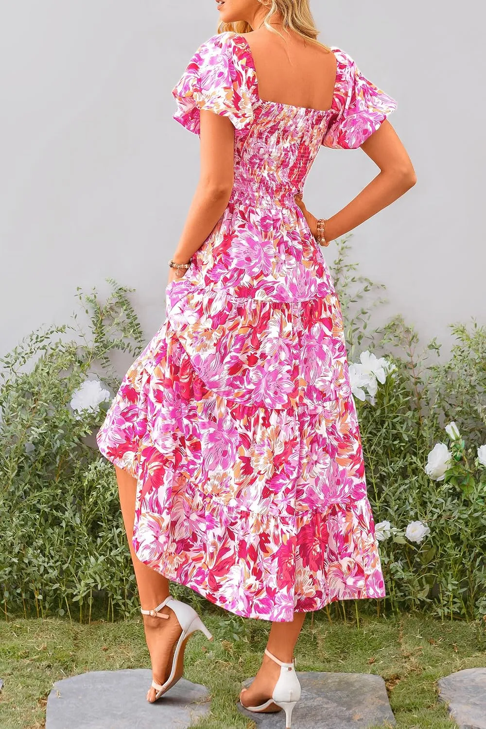PRETTYGARDEN Women's 2025 Summer Casual Midi Dress Puffy Short Sleeve Square Neck Smocked Tiered Ruffle Dresses