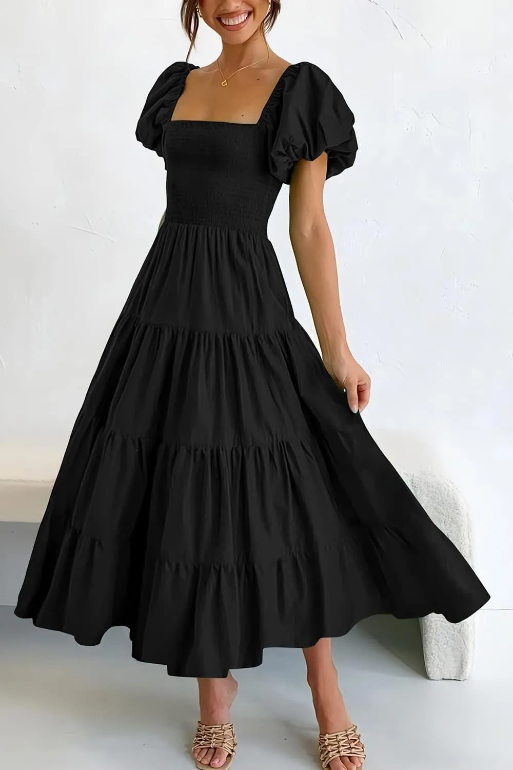 PRETTYGARDEN Women's 2025 Summer Casual Midi Dress Puffy Short Sleeve Square Neck Smocked Tiered Ruffle Dresses