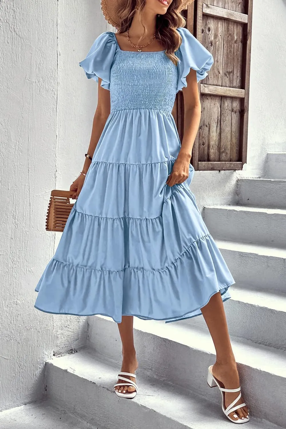 PRETTYGARDEN Women's 2025 Summer Casual Midi Dress Puffy Short Sleeve Square Neck Smocked Tiered Ruffle Dresses