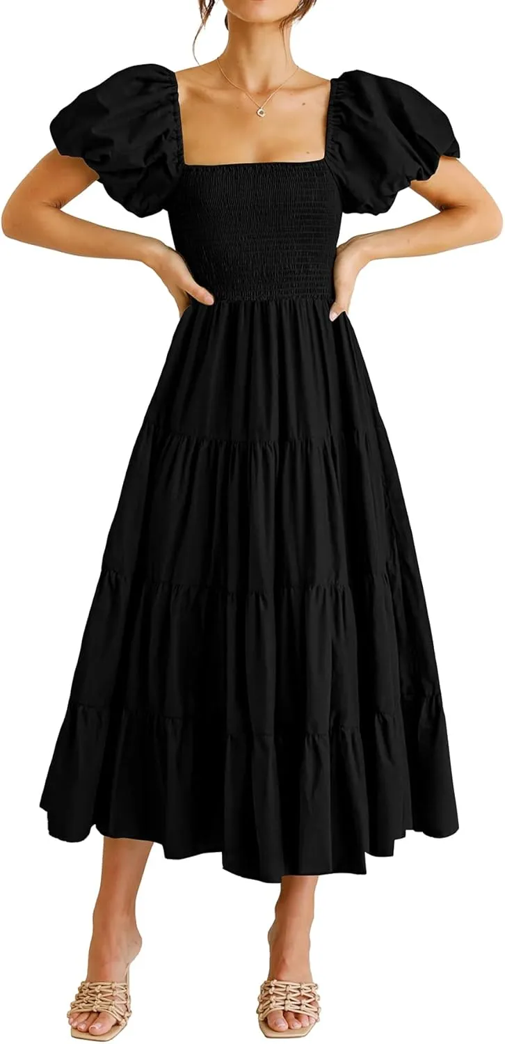 PRETTYGARDEN Women's 2025 Summer Casual Midi Dress Puffy Short Sleeve Square Neck Smocked Tiered Ruffle Dresses