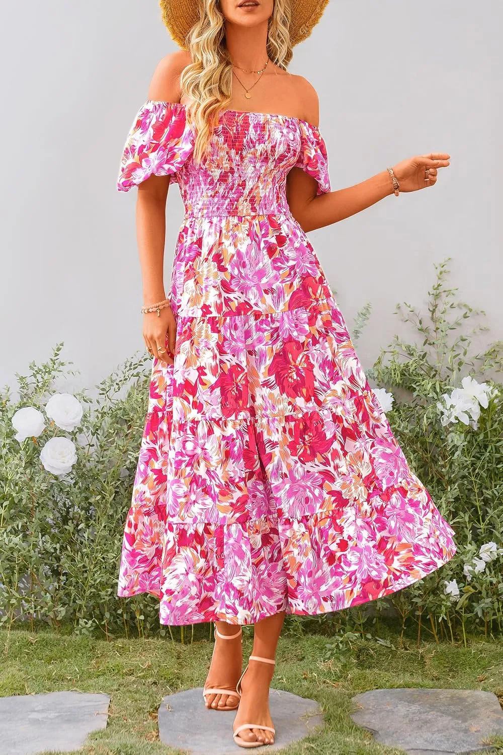 PRETTYGARDEN Women's 2025 Summer Casual Midi Dress Puffy Short Sleeve Square Neck Smocked Tiered Ruffle Dresses