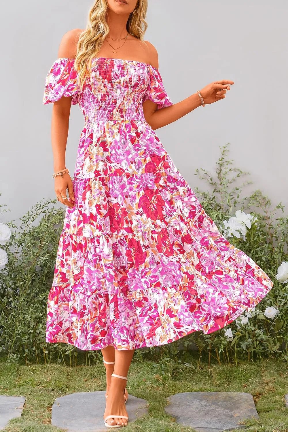 PRETTYGARDEN Women's 2025 Summer Casual Midi Dress Puffy Short Sleeve Square Neck Smocked Tiered Ruffle Dresses
