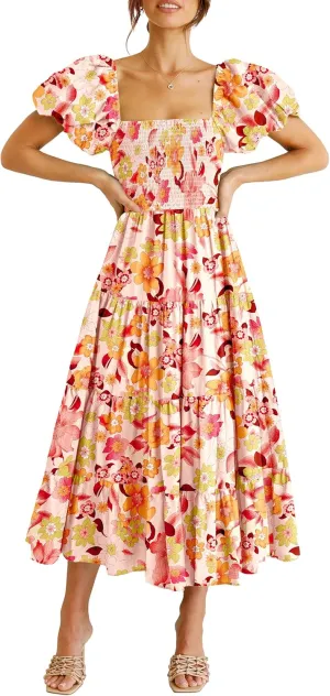 PRETTYGARDEN Women's 2025 Summer Casual Midi Dress Puffy Short Sleeve Square Neck Smocked Tiered Ruffle Dresses