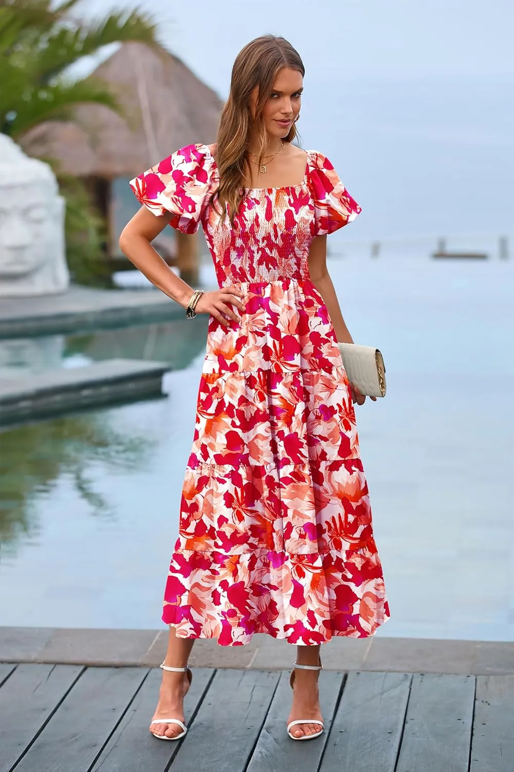 PRETTYGARDEN Women's 2025 Summer Casual Midi Dress Puffy Short Sleeve Square Neck Smocked Tiered Ruffle Dresses