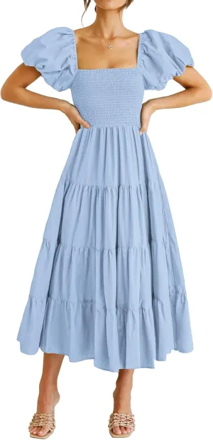 PRETTYGARDEN Women's 2025 Summer Casual Midi Dress Puffy Short Sleeve Square Neck Smocked Tiered Ruffle Dresses