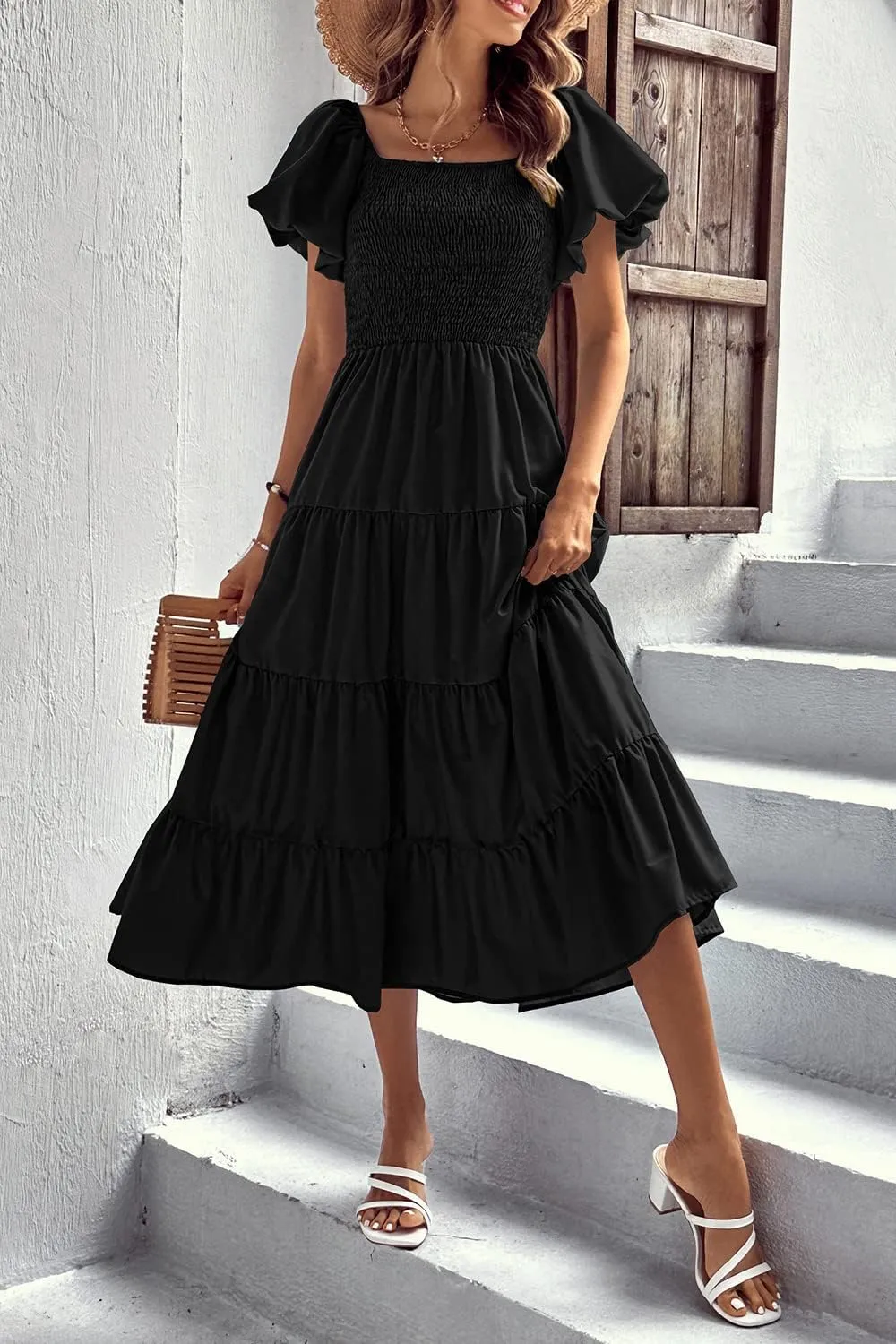 PRETTYGARDEN Women's 2025 Summer Casual Midi Dress Puffy Short Sleeve Square Neck Smocked Tiered Ruffle Dresses