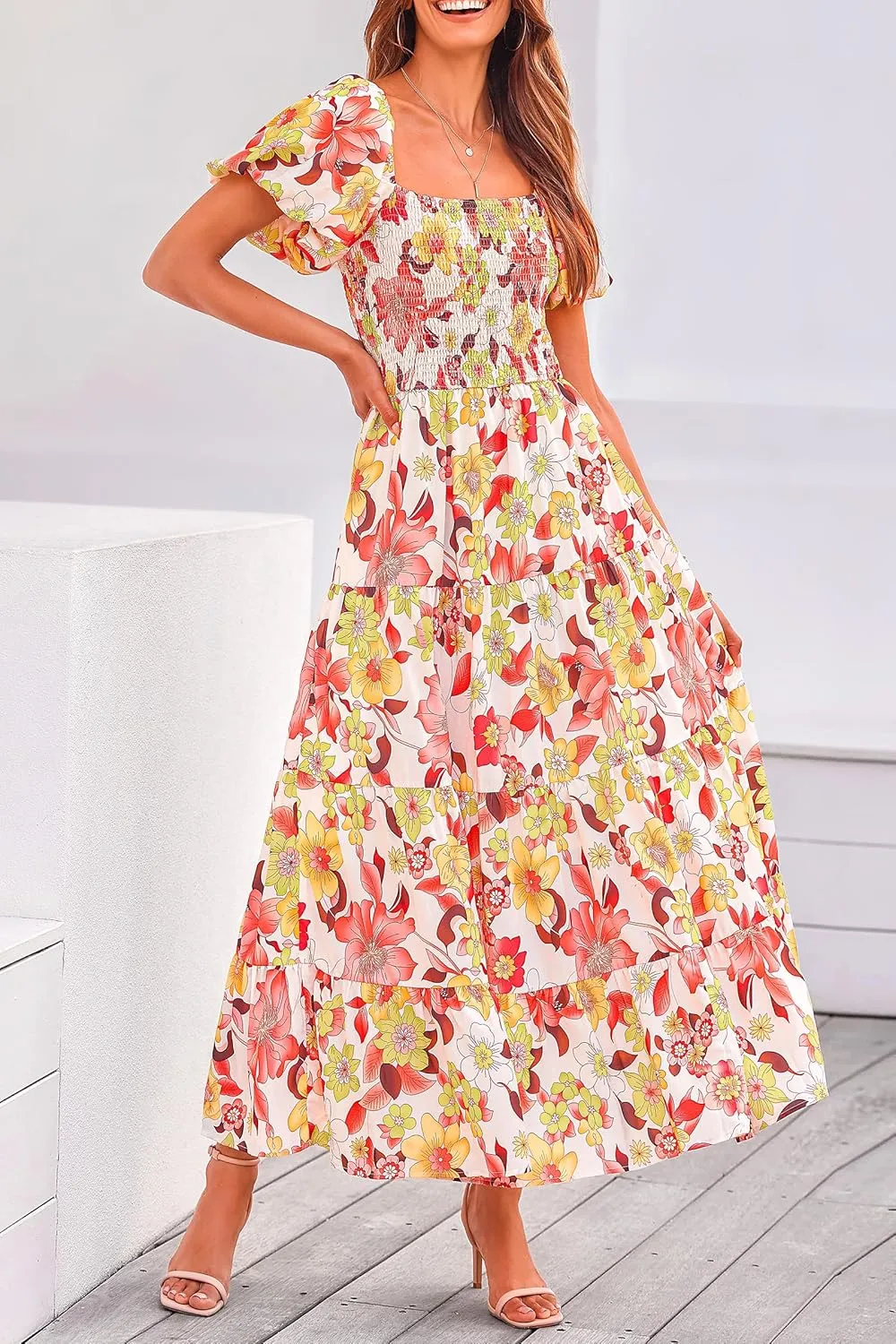 PRETTYGARDEN Women's 2025 Summer Casual Midi Dress Puffy Short Sleeve Square Neck Smocked Tiered Ruffle Dresses