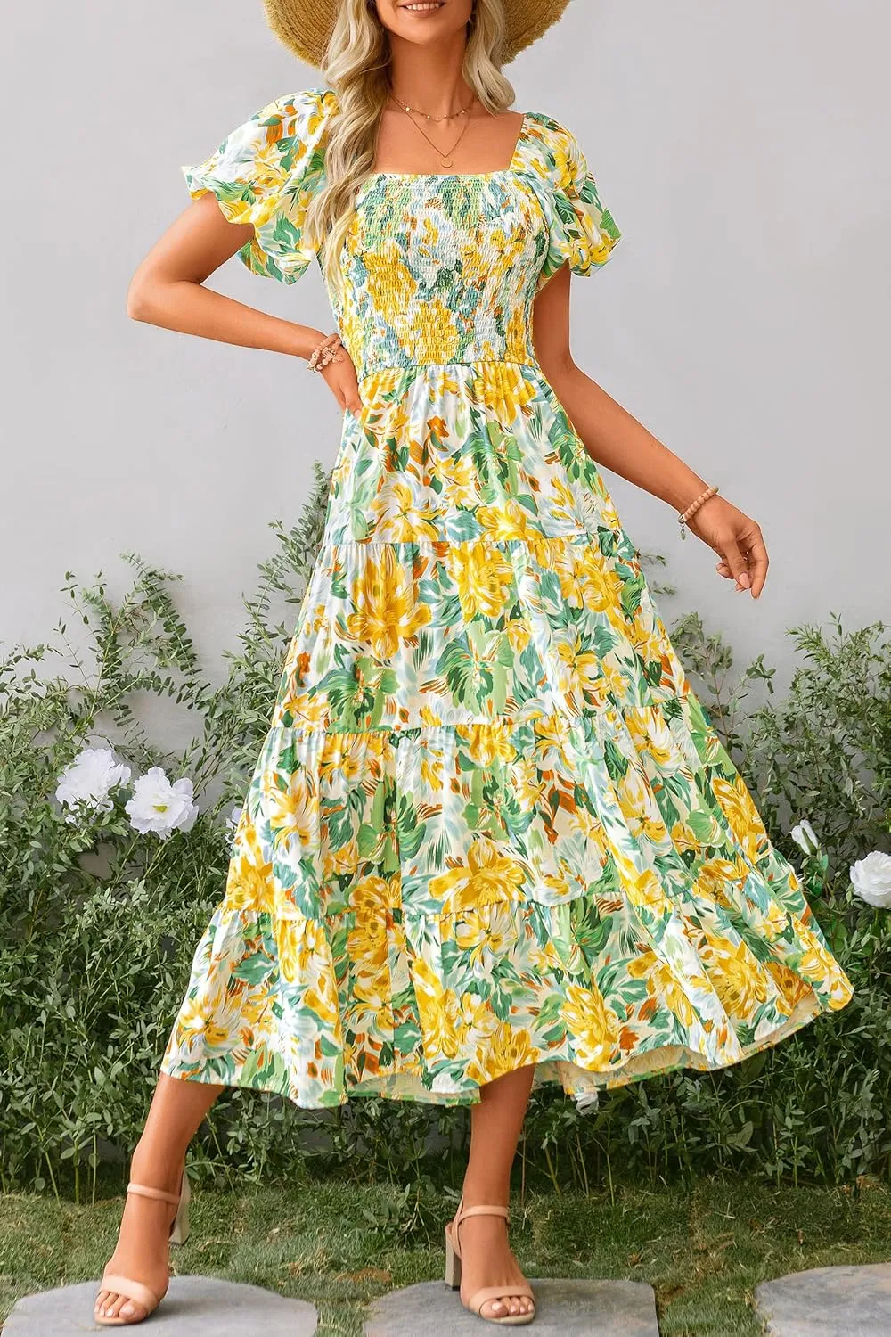 PRETTYGARDEN Women's 2025 Summer Casual Midi Dress Puffy Short Sleeve Square Neck Smocked Tiered Ruffle Dresses