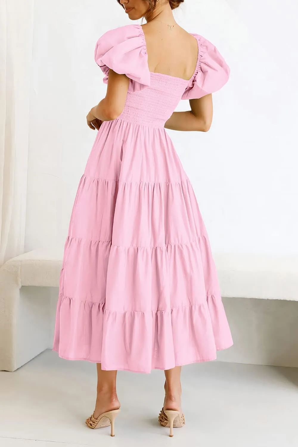 PRETTYGARDEN Women's 2025 Summer Casual Midi Dress Puffy Short Sleeve Square Neck Smocked Tiered Ruffle Dresses