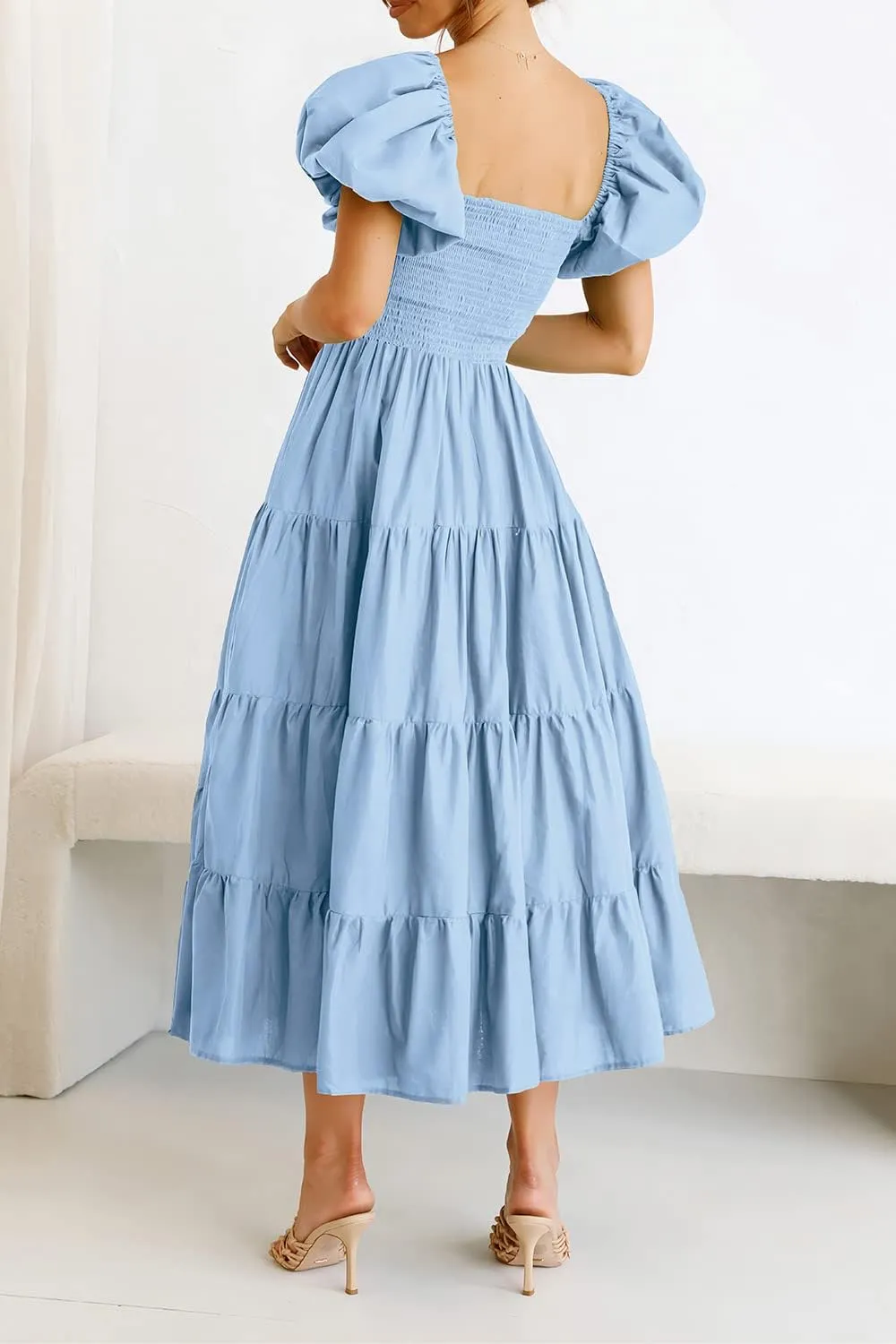 PRETTYGARDEN Women's 2025 Summer Casual Midi Dress Puffy Short Sleeve Square Neck Smocked Tiered Ruffle Dresses
