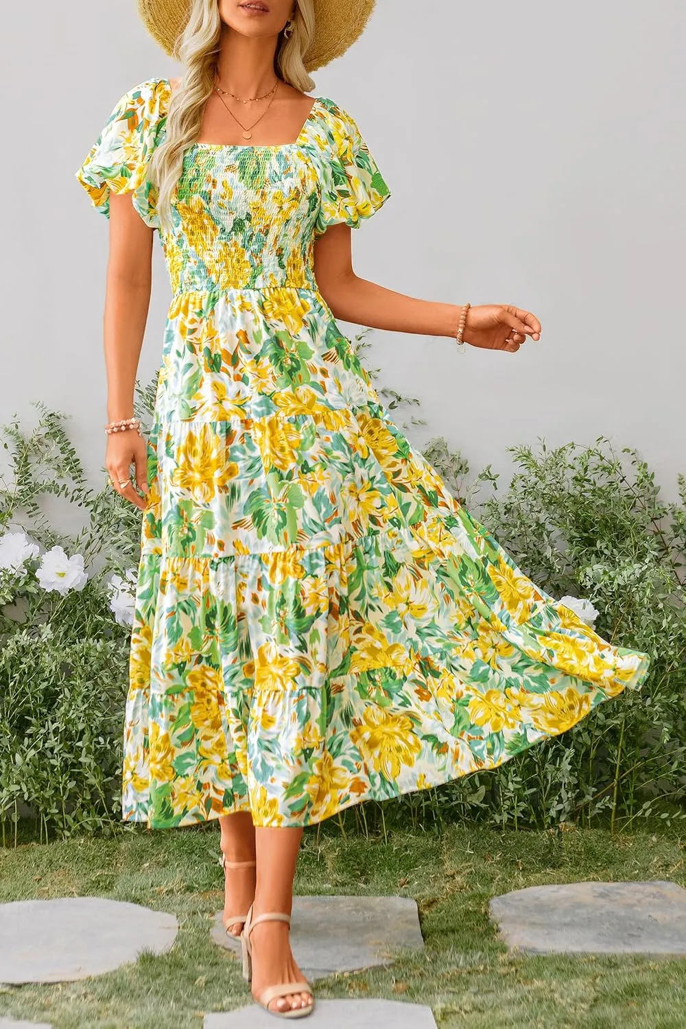 PRETTYGARDEN Women's 2025 Summer Casual Midi Dress Puffy Short Sleeve Square Neck Smocked Tiered Ruffle Dresses