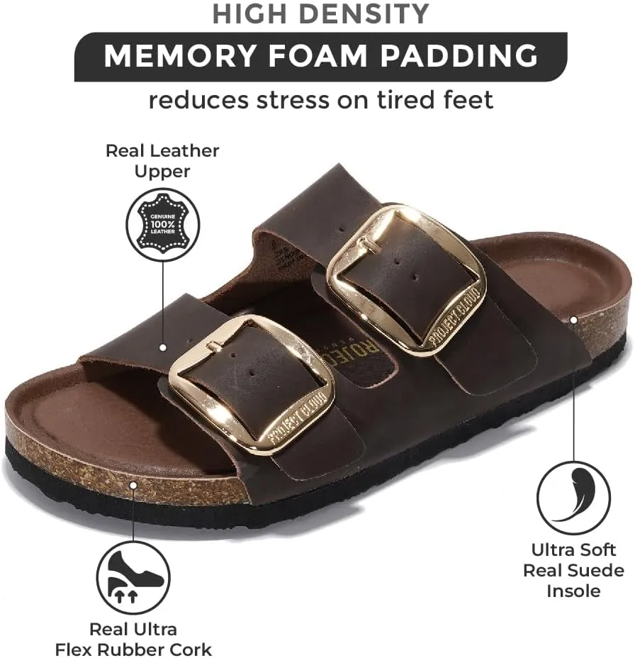 Project Cloud Genuine Leather Flat Sandals for Women 2025 Comfortable Beach Essentials Womens Sandals Memory Foam Vacation Essentials Slides for Women Footwear (Santorini)