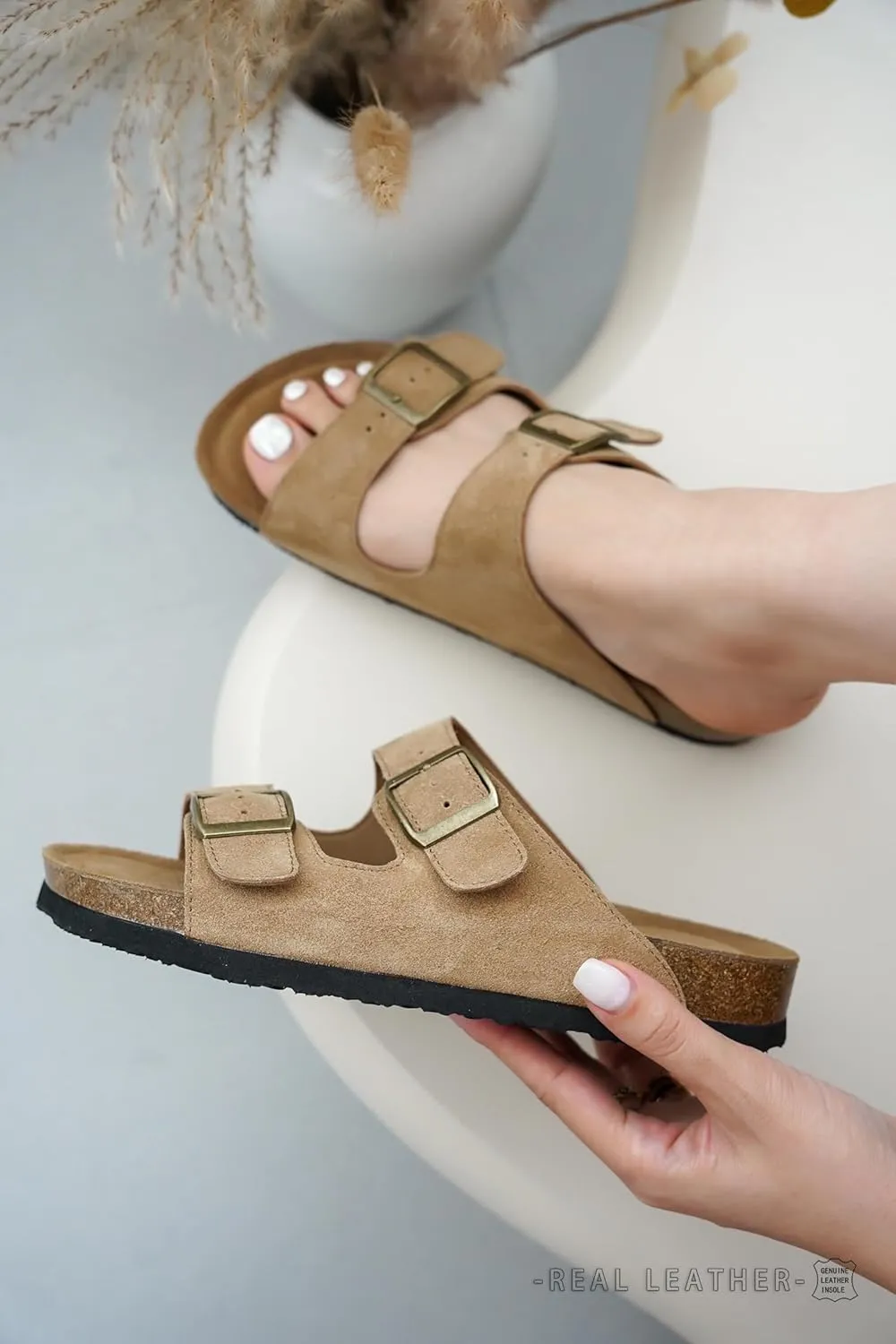 Project Cloud Genuine Leather Flat Sandals Women 2025 Beach Essentials Womens Sandals Memory Foam Vacation Essentials Slides for Women Footwear (Venita)
