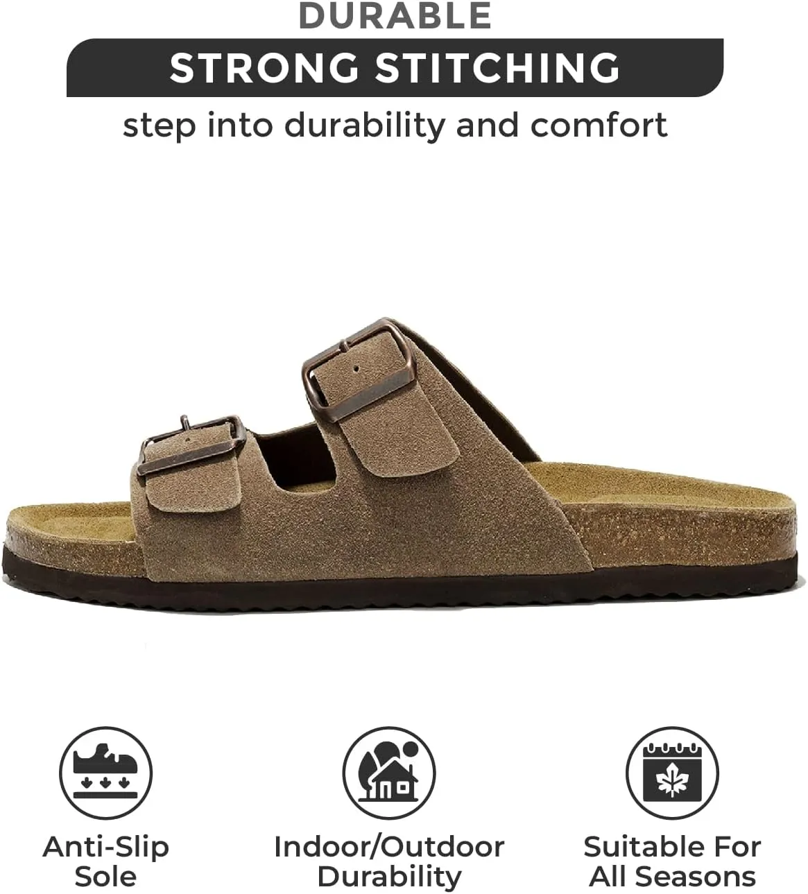 Project Cloud Genuine Leather Mens Sandals with Memory Foam Natural Cork Footbed Slides for Men Footwear - Non-Slip Double-Strap Buckle Summer Sandals (Arizona)