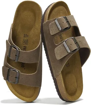Project Cloud Genuine Leather Mens Sandals with Memory Foam Natural Cork Footbed Slides for Men Footwear - Non-Slip Double-Strap Buckle Summer Sandals (Arizona)