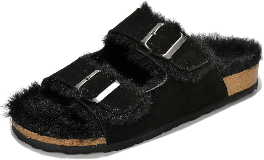 Project Cloud Genuine Suede House Slippers for Women - Cozy Womens Sandals Shearling Fur Lining Slides - Adjustable Straps Sandals for Women 2025 (Dianea)