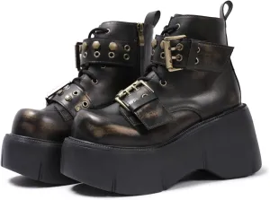 Punk Y2K Combat Boots for Women with Hand-Burnished Leather Buckle Straps 3.15" Platform High Heel Ankle Boots