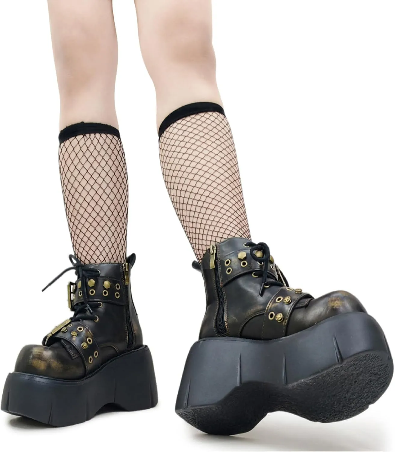 Punk Y2K Combat Boots for Women with Hand-Burnished Leather Buckle Straps 3.15" Platform High Heel Ankle Boots