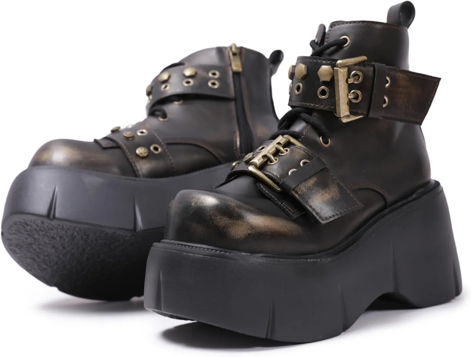Punk Y2K Combat Boots for Women with Hand-Burnished Leather Buckle Straps 3.15" Platform High Heel Ankle Boots