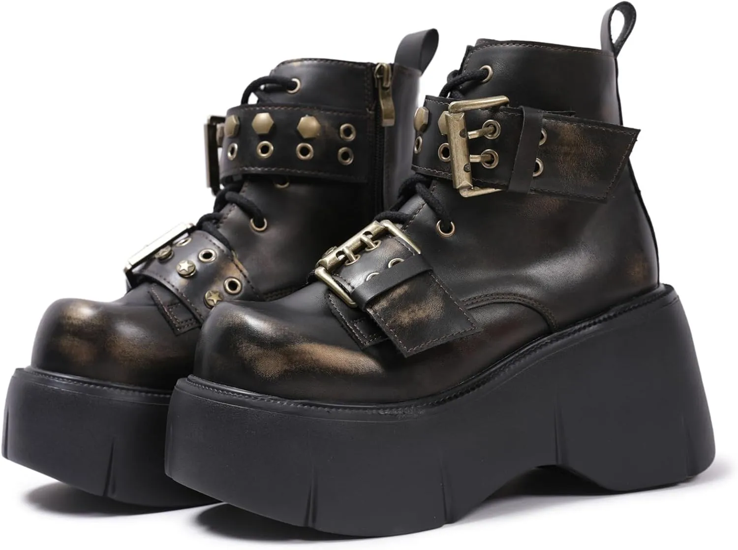 Punk Y2K Combat Boots for Women with Hand-Burnished Leather Buckle Straps 3.15" Platform High Heel Ankle Boots