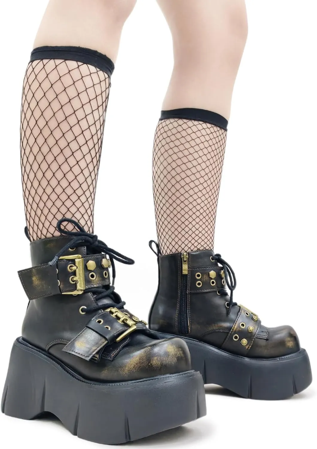 Punk Y2K Combat Boots for Women with Hand-Burnished Leather Buckle Straps 3.15" Platform High Heel Ankle Boots