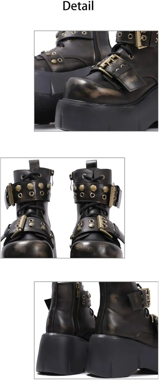Punk Y2K Combat Boots for Women with Hand-Burnished Leather Buckle Straps 3.15" Platform High Heel Ankle Boots