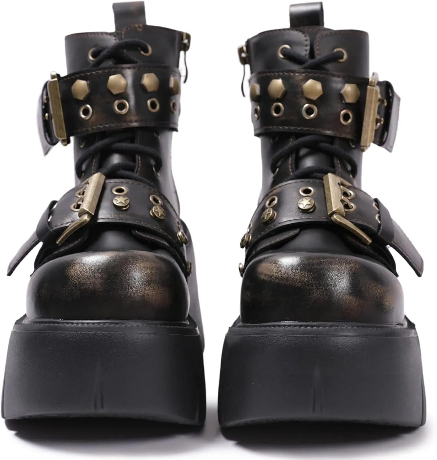 Punk Y2K Combat Boots for Women with Hand-Burnished Leather Buckle Straps 3.15" Platform High Heel Ankle Boots