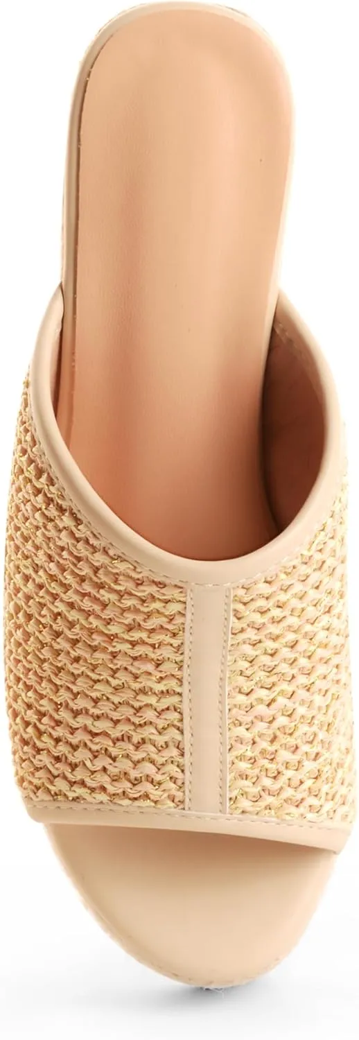 Raffia Wedge Mule Sandals for Women Espadrilles Platform Slip On Heeled Sandals