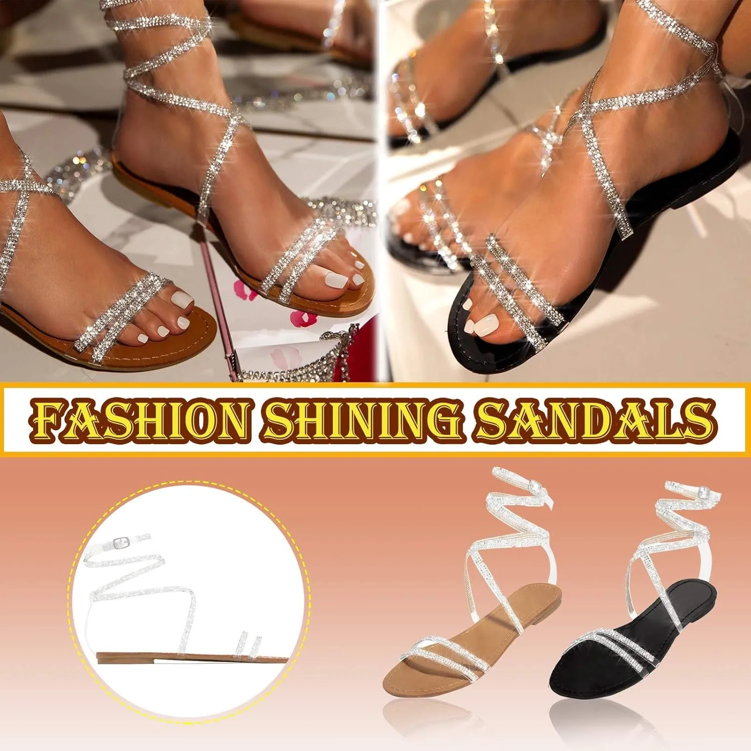Rhinestones Sandals for Women 2025 Dressy Summer Bohemian Flat Casual Rhinestone Beaded Sparkly Bling Toe Ring Bridal Sandal Comfortable Elastic Ankle Strap Beach Wedding Sandals