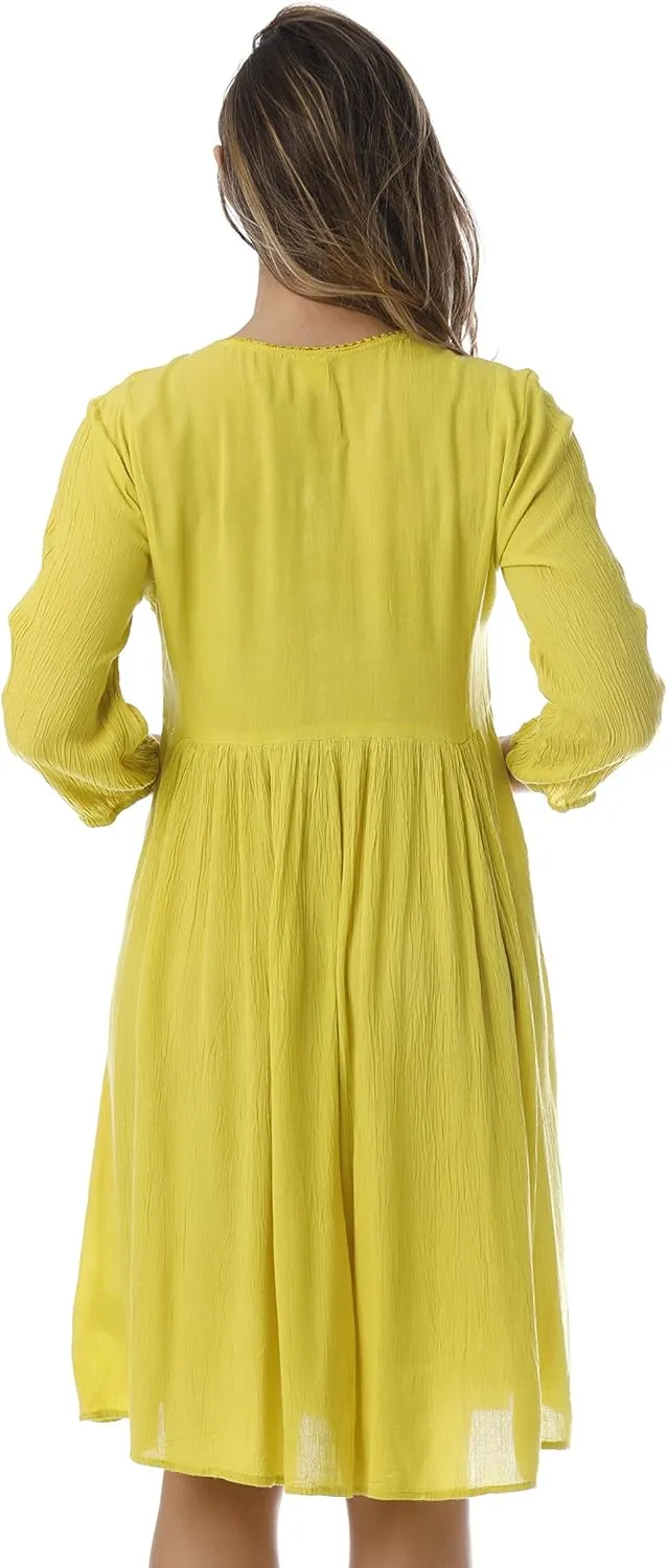 Riviera Sun Floral Embroidered 3/4 Sleeve Button Front Empire Waist Dress